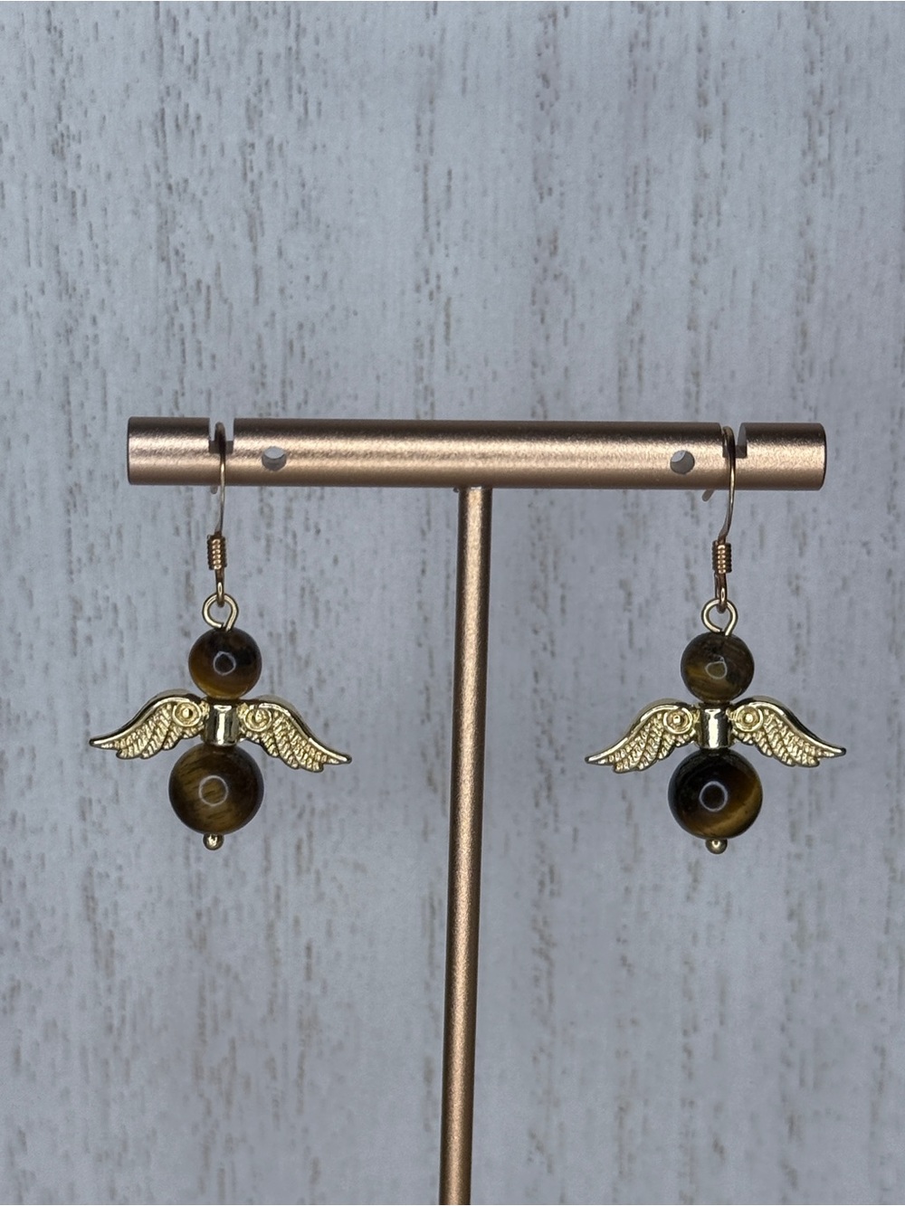 Gold-Tone Angel Wing Drop Earrings with Tiger Eye Beads